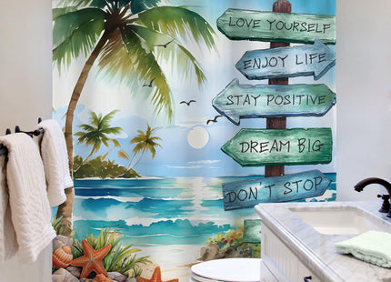 Beach Ocean Coastal Nautical Positive Quotes Bathroom Shower Curtain Set