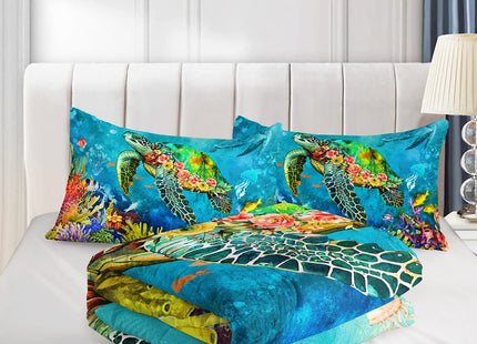 XYNHML Kids Turtle Rose Comforter Set Queen Beach Theme Jellyfish Starfish Bedding Set Sea Animal Reptile Bed Set with 2 Pillowcases for Boys Girls Room Decor