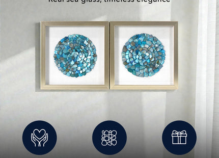 American Art Decor Sea Glass Shadowbox Set - 2-pc Aqua Teal Turquoise Round Seashell Wall Art, Champagne Frame on White Linen - Coastal Wall Decor for Living Room Bedroom Bathroom Office