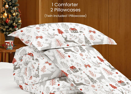 Nayoroom Christmas Comforter Set Queen Size - Reversible Christmas Bedding Comforter Set with White Forest Red Snowflake Pattern, 3 Pieces Xmas Theme Holiday Bedding Gifts for Women Men
