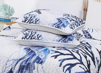 Xruibed Coastal Quilt Set King Size Blue Nautical Beach Quilt Coverlet Reversible Lightweight Bedspread with 2 Pillowshams Soft Microfiber Quilt Set for All Season 110"x90"