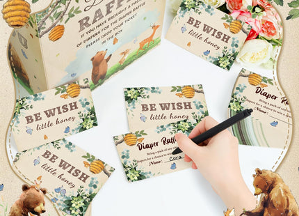 LANLISA Woodland Theme Baby Shower Games, Woodland Animals Diaper Raffle Card Box with Tickets for Baby Shower Party Decorations