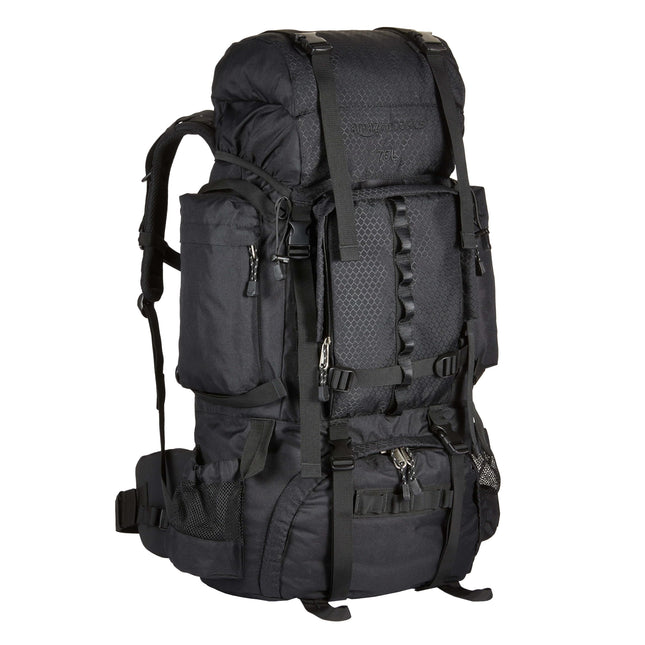 Amazon Basics Internal Frame Hiking Backpack for Camping and Backpacking, Adjustable Straps, Rainfly Included, 75 Liters, Black