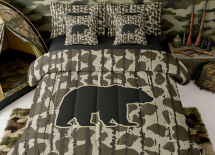 Feelyou Camouflage Camo Bear Comforter Set with Sheets 7 Piece Twin Size Cute Hunting Wild Animal Deer Bedding Set for Kids Boys Girls Rustic Farmhouse Bed in a Bag Decor Soft Lightweight Microfiber