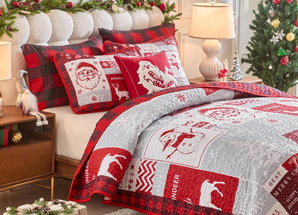 Christmas Patchwork Quilt Set Queen Size 88x88 Red Black Plaid with White Santa Claus Deer Tree SnowflakeChristmas New Year Style Microfiber Winter Warm Bedding Coverlet Bedspread Holiday Design