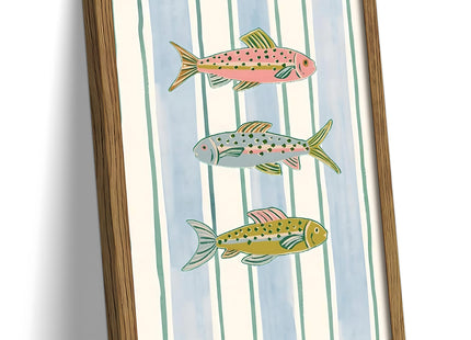 Coastal Fish Framed Canvas Wall Art, Nautical Fish Illustration Painting Print Picture, Kitchen Wall Decor Artwork Oil Painting for Dining Room Bathroom Living Room Lake House 12x16 Inch