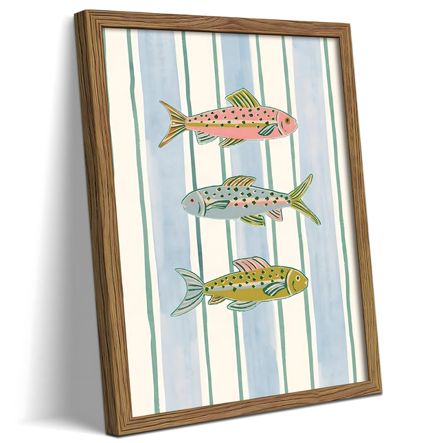 Coastal Fish Framed Canvas Wall Art, Nautical Fish Illustration Painting Print Picture, Kitchen Wall Decor Artwork Oil Painting for Dining Room Bathroom Living Room Lake House 12x16 Inch