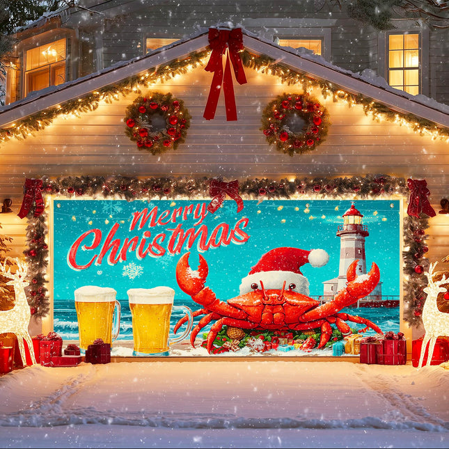 IVN Christmas Garage Door Banner 13x6 ft Merry Christmas Garage Door Cover Santa Crab Lighthouse Winter Coastal Home Door Front Yard Decor for Xmas Eve Holiday Outdoor