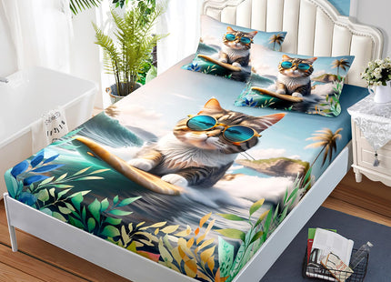 AILONEN Cat Fitted Sheet Set - Twin Size, Beach Ocean Bedding, Pillowcases