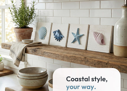 TideAndTales Nautical Wall Decor Set of 3 (7"x7") Seashells Rustic Beach Decor | Wooden Beach Bathroom Decor | Ocean Coastal Theme Decorations for Home