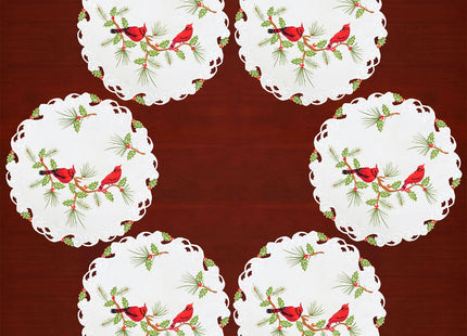 Simhomsen Embroidered Cardinal Round Doilies Placemats for Christmas Holidays Decorations (Round 15 inches Set of 6)