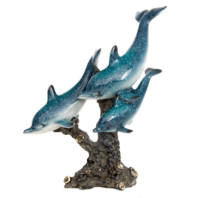 Corner Merchant Dolphin Statue - Triple Dolphins Swimming Figurine Coastal Home Decor Tabletop Collection (Aqua)
