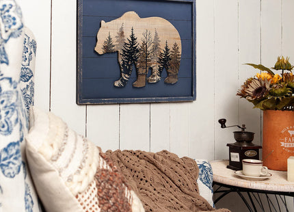 NIKKY HOME Cute Bear in The Forest Decorative Wood Framed Wall Art Prints Cabin Decor, 21" x 16", Gray