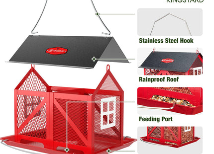Kingsyard Metal Bird Feeder for Outdoors Hanging, 2-in-1 Wild Bird Feeder with Seed Tray & Built-in Perch, 5 lb Large Capacity for Cardinal Chickadee Finch, Red