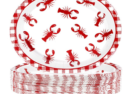 Greencian 50Pcs Crawfish Boil Red Grid Large Oval Paper Plate 12 x 10 Inch
