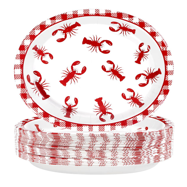 Greencian 50Pcs Crawfish Boil Red Grid Large Oval Paper Plate 12 x 10 Inch