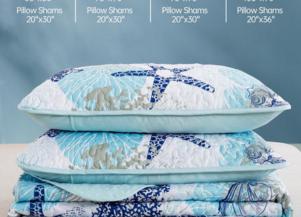 Dinjoy Nautical Ocean Quilt Set Queen Size, Blue Beach Coastal Themed Bedding Set Lighthouse Anchor Sailboat Pattern Microfiber Lightweight Summer Bedspread Coverlet Bed Set All Season