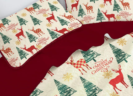 Dinjoy Quilt Set Queen Christmas,Red Beige Bedspreads Holiday Bedding Set Queen Size 3 PCs Xmas Tree Reindeer Snowflake Rustic Lodge Coverlet Set Gifts for Family Bed 90" x 96"