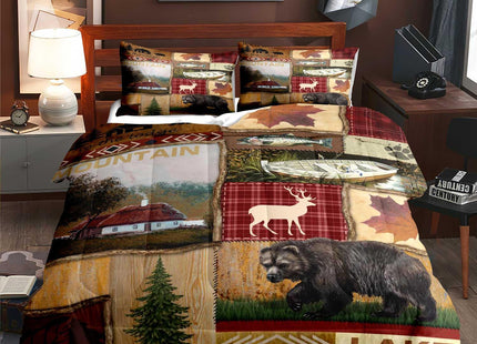 LUVIVIHOME 2PCS Cabin Comforter Set Twin Size, Bear Fish Deer Elk Moose Forest Animal Wildlife Hunting Fishing Red Buffalo Plaid Patchwork Quilt Country Lodge Rustic Farmhouse Bedding, 1 Pillow Sham