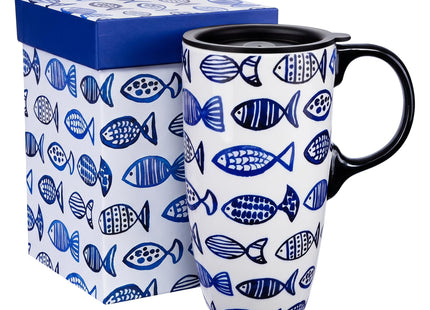 Topadorn 17oz Coastal Ceramic Travel Mug with Handle, Fish Folk Art