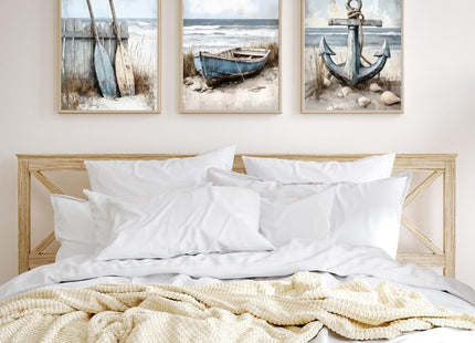 3Pcs Nautical Beach Wall Art Sailboat Paddle And Anchor Paintings Pictures Wall Decor Nautical Posters Prints Artwork Suitable for Living Room Bedroom Home Office Corridor Home Decroation