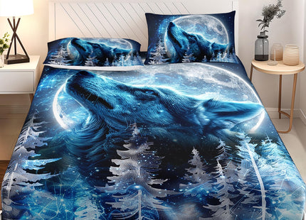 AILONEN Boys Wolf Fitted Sheet Set Full, Blue Starry Moon Bed Sheet for Kids Teen, Ice Howling Forest Printed Wildlife Soft Sheet With 2 Pillowcases, 3Pcs
