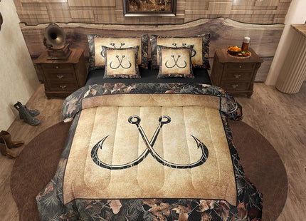 Erosebridal Camo Fish Hook 7 Piece Bed in A Bag Twin Rustic Lake Fishing Bedding Set Gifts for Boys Men Fisherman Kids,Farmhouse Cabin Style Comforter Set Retro Country Sheet Set with Comforter
