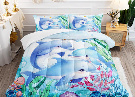 XYNHML Dolphins Animal Aqua Blue Green Sea Comforter 3pcs Twin Kids Coral Jellyfish Comforter Set for Boys Girls Ocean Waves Bedding Fish Quilt Bed Set with 1 Comforter and 2 Pillowcases