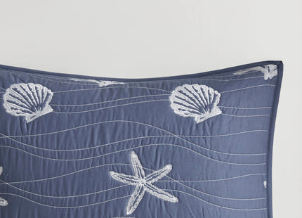 Harbor House Seaside Reversible Cotton Quilt Set Coastal Clam, Starfish, Coral Embroidery, All Season, Pre-Washed Coverlet Bedding Layer, Decorative Pillow, Full/Queen(90"x90") Navy 4 Piece
