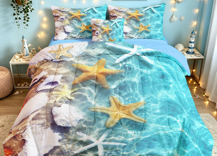 BDUCOK 6 Pieces Ocean Beach Themed Comforter Set Full Size, Coastal Water Print Bed in a Bag with Starfish Seashell Pattern, Soft Microfiber Bedding Set All Season 3005Full