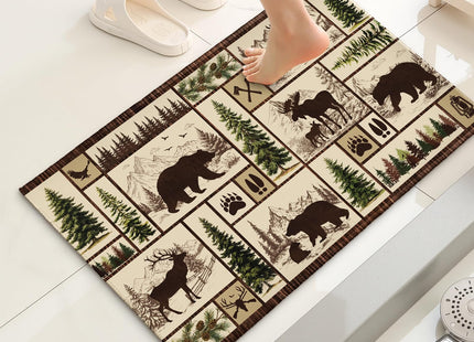 Evlaschin Rustic Bear Deer Bathroom Rug- Farmhouse Cabin Lodge Wildlife Bath Mats- Vintage Forest Tree Elk Moose Non-Slip Seasonal Bath Rugs 32"x20" for Shower Room Bathtub Sink Bedside