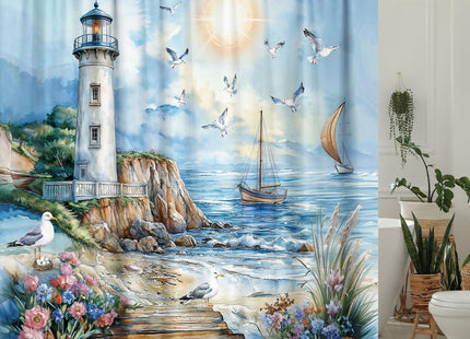 Nautical Coastal Lighthouse Shower Curtain, Boho Ocean Beach Lighthouse Seascape Beachy Abstract Shower Curtain Set, Seasides Sailboat Seagull Fabric Shower Curtain for Bathroom 12 Hooks, 72"×72" Blue