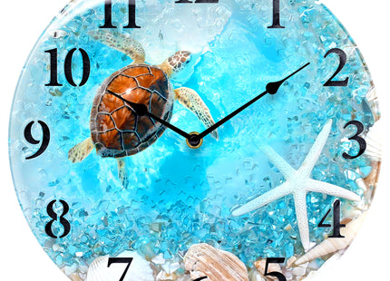 Coastal Turtle Wall Clock 12in Blue Beach Glass Silent Bathroom Home Decor