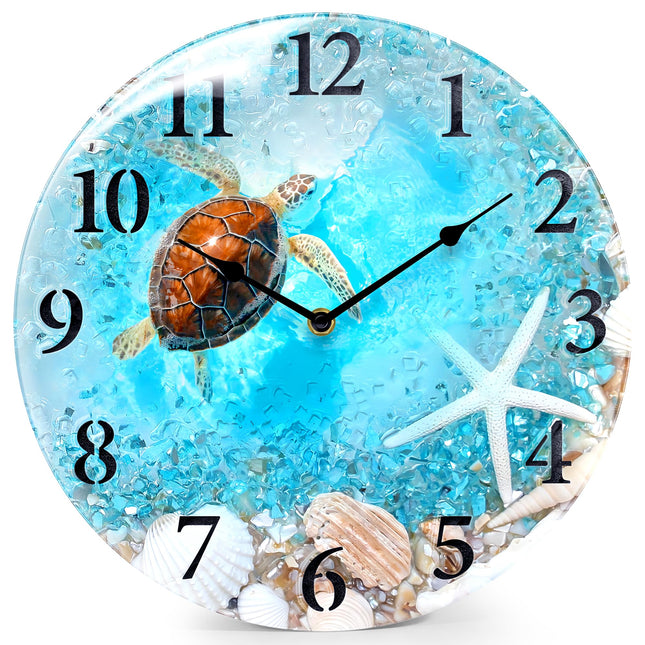 Coastal Turtle Wall Clock 12in Blue Beach Glass Silent Bathroom Home Decor