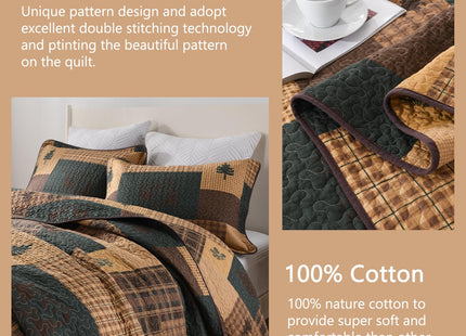 Finlonte Quilt King Size, 100% Cotton Cabin King Quilt, Lodge Cabin Farmhouse King Comforter Sets, Lightweight Reversible Qulted Bedspread Set for All Seasons, Dark Brown/Dark Green