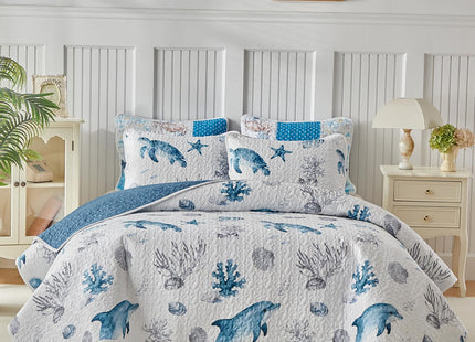 Coastal Quilt Sets King Size - Reversible Microfiber Dolphin Turtle Ocean Style Quilts with 2 Shams Soft Lightweight Beach Bedding Nautical Bedspread Coverlet Summer Comforter for All Season
