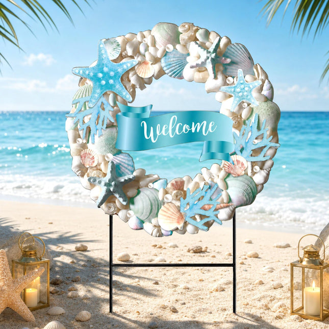 Weysat Summer Coastal Yard Sign 13.7 Inch Metal Beach Decoration Outdoor Ocean Decoration for Home Outdoor Summer Starfish Yard Decor with Stakes Waterproof for Garden Patio Lawn Party Walkway Decor