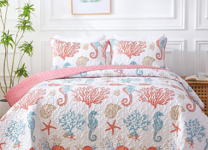Heymybed Coastal Quilt Set Queen Size, 3 Pieces Pink Bedspread Coverlet with 2 Pillow Shams, Soft Microfiber Reversible Summer Beach Quilt Bedding Set for All Season 96"×90"