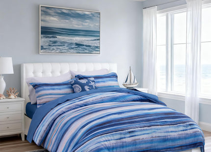 Holawakaka All-Season 6-Piece Nautical Bedding Set King – Complete Beach Stripe Comforter Set with Sheets & Shams