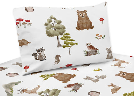 Sweet Jojo Designs Woodland Forest Animals Boy Girl Gender Neutral Unisex Twin Sheets Set Single Size Bed Flat Fitted Sheet Pillow Case Kid Children Teenager Bedding 3p Bear Fox Hedgehog Deer Squirrel