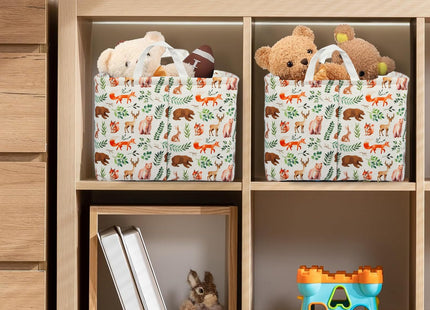 3 Pack Woodland Rectangle Storage Basket Green Forest Animals Shefl Basket Collapsible Bin for Nursery Closet Shelves Bedroom (Woodland)