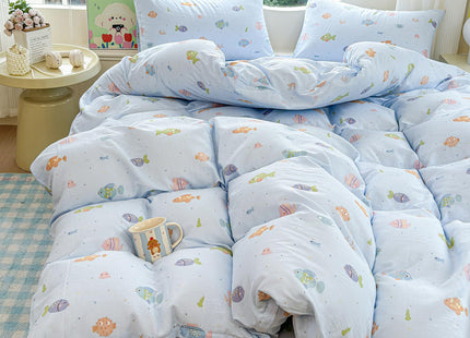 HighBuy Children Muslin Cotton Duvet Cover Queen Ocean Fish Printing Blue Bedding Duvet Cover Set 3 Piece for Kids Boys Teens Gauze Yarn-Dyed Comforter Cover Queen with 2 Pillow Shams