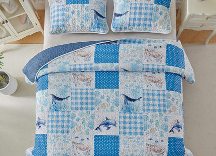 Patchwork Coastal Quilt Sets Queen Size - Reversible Microfiber Dolphin Turtle Ocean Style with Blue Whale Seahorse Soft Beach Bedding Nautical Bedspread Coverlet Summer Comforter with 2 Shams
