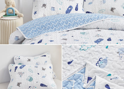 Joyreap 2-Piece Cotton Quilt Set Twin, Vibrant Ocean Theme Starfish Whale Crab Printed on White, Smooth Soft Quilt Bedspread Bed Cover for All Season, 1 Quilt and 1 Pillow Sham- 68x86 inches