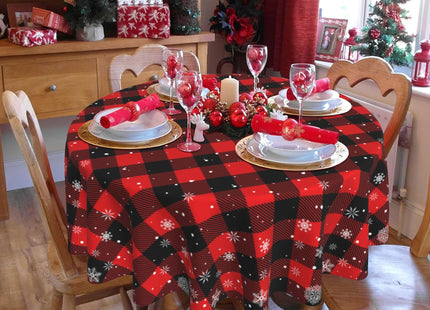 Christmas Snowflake Tablecloth 60 Inch Round Red Black Buffalo Plaid