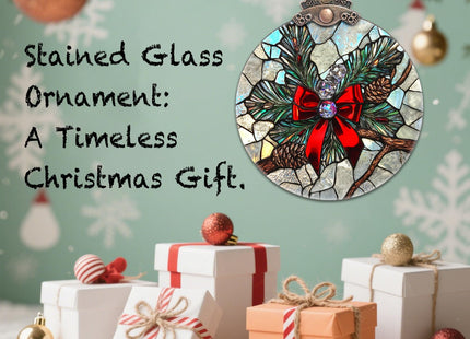 Christmas Pinecone Bow Stained Glass Window Hanging Suncatcher Gifts 3.2"