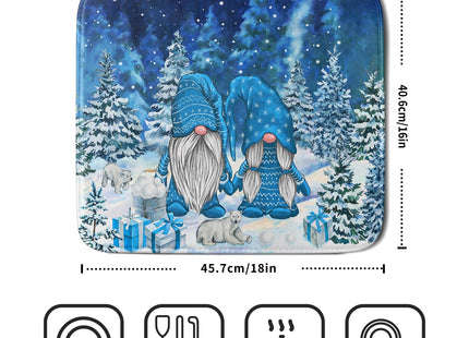 Winter Blue Gnome Dish Drying Mat for Kitchen Counter Pine Tree Microfiber Dish Pad Absorbent Reversible Fast Dry Draining Mats 16x18 Inch