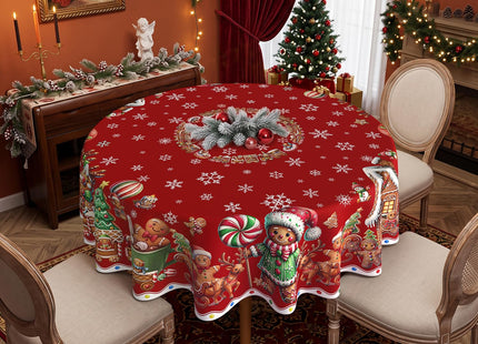 ZORKET Red Round Christmas Gingerbread Tablecloth 70 Inch, Waterproof Machine Washable Fabric Polyester Christmas Table Cloths Round Gingerbread Xmas Holiday Tablecloths for Kitchen Dining Party