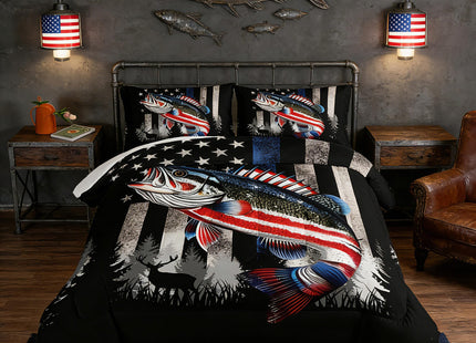 HOSIMA Soft Microfiber Black King Size Comforter Set with 2 Pillowcases,American Flag Striped Bass Pattern Bedding Sets,Fishing Comforter Kids Men Boys Room Decor,Room Essentials for Men.