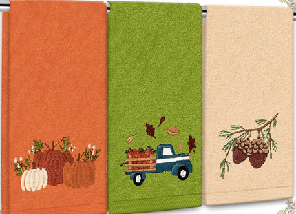 JarThenaAMCS 3Pcs Fall Hand Towels Embroidered Pumpkin Truck Pinecone Cotton Bathroom Towels Autumn Dish Towel for Thanksgiving Drying Cleaning Cooking Gift, 29.5 x 13.7 Inch